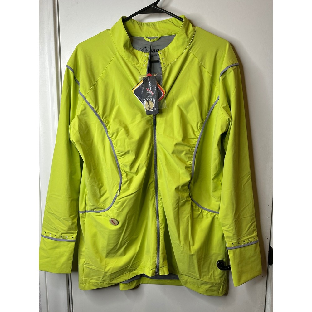 SwingDish Womens Golf Jacket Neon Lime Green Full Zip Rhinestone Peplum XL NEW